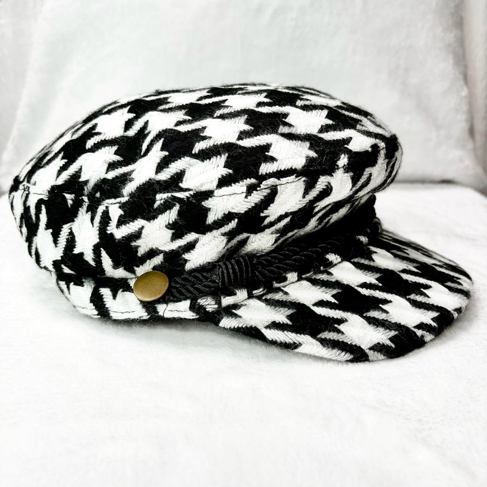 Newsboy Cap Houndstooth Double Twist Rope Hat Black White Women’s New - Picture 2 of 9